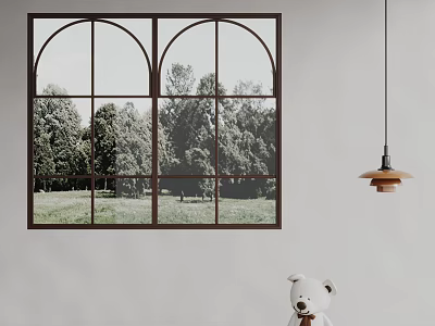 Bright Room Interior With Double Arched Window Black Frame Trees Grass Hanging Lamp Teddy Bear 3d model