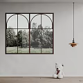 Bright Room Interior With Double Arched Window Black Frame Trees Grass Hanging Lamp Teddy Bear