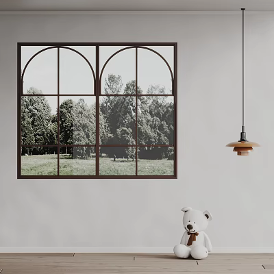 Bright Room Interior With Double Arched Window Black Frame Trees Grass Hanging Lamp Teddy Bear 3d model