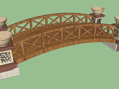 Wooden Landscape Bridge Featuring Crossed Railings Decorative Stone Pillars With Flower Pots And Carved Bases 3d model