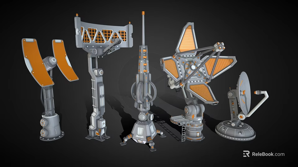 Futuristic Mechanical Weapons With Various 3D Structures And Orange Gray Design 3d model 