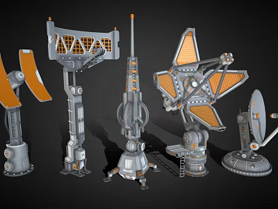 Futuristic Mechanical Weapons With Various 3D Structures And Orange Gray Design 3d model