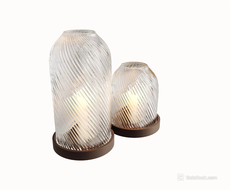 Two Glass Table Lamps With Twisted Texture Brown Base Lit Up Modern Home Decor 3d model 