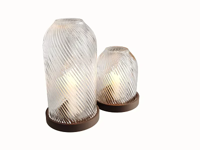 Two Glass Table Lamps With Twisted Texture Brown Base Lit Up Modern Home Decor 3d model