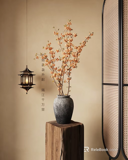 Black Pottery Vase With Tall Somei Yoshino Cherry Blossom Branches On Wooden Stand 3d model 