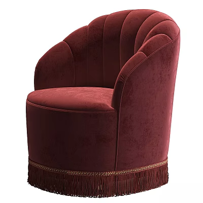 Burgundy Velvet Accent Chair with Scalloped Backrest and Tassel Trim for Elegant Living Space 3d model