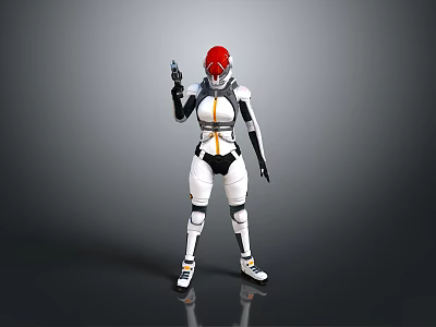 Futuristic Armored Character In White Suit With Red Helmet And Gun 3d model