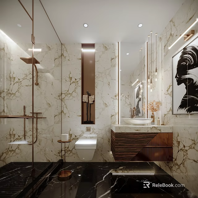 Luxury Modern Bathroom Interior Design With Natural Marble Surfaces Wooden Vanity And Premium Brass Fixtures 3d model 