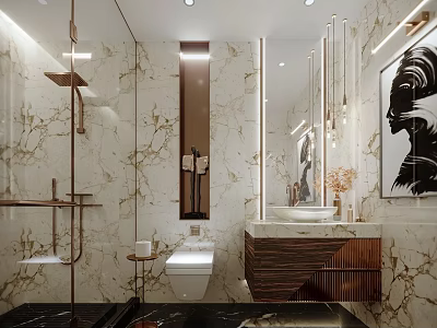 Luxury Modern Bathroom Interior Design With Natural Marble Surfaces Wooden Vanity And Premium Brass Fixtures 3d model