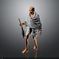 Bald Headed Barefoot Man In Light Colored Robe Holding Staff Model Figure Against Dark Background