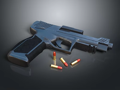 Black Pistol With Bullets Placed On Dark Surface For Weapon 3d model