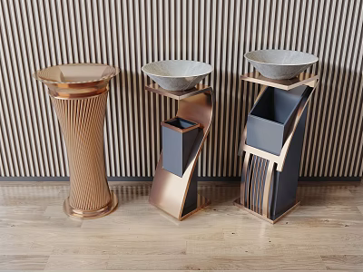 Modern Public Trash Bins With Varied Designs Metal Construction And Wooden Base 3d model