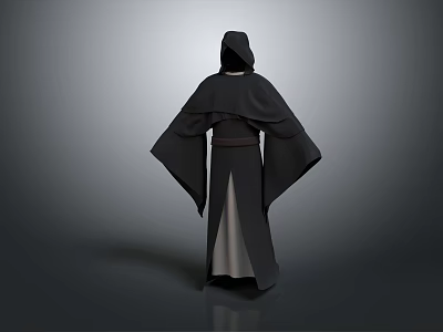 Hooded Black Robe Long Design With Belt Back View Fashion Apparel 3d model