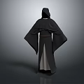 Hooded Black Robe Long Design With Belt Back View Fashion Apparel