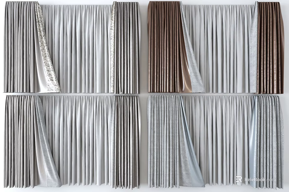 Elegant Pleated Curtains In Gray And Brown For Home Interior Decor 3d model 