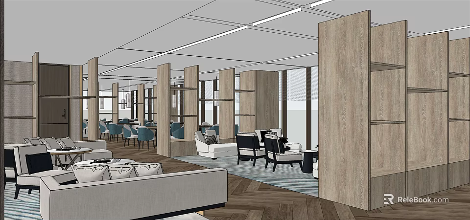 Modern Restaurant Interior Design With Wooden Partitions Sofa Seating Blue Chairs And Herringbone Floor 3d model 
