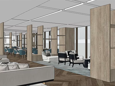 Modern Restaurant Interior Design With Wooden Partitions Sofa Seating Blue Chairs And Herringbone Floor 3d model