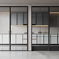 Modern Interior With Sleek Black Frame Sliding Doors And White Cabinets