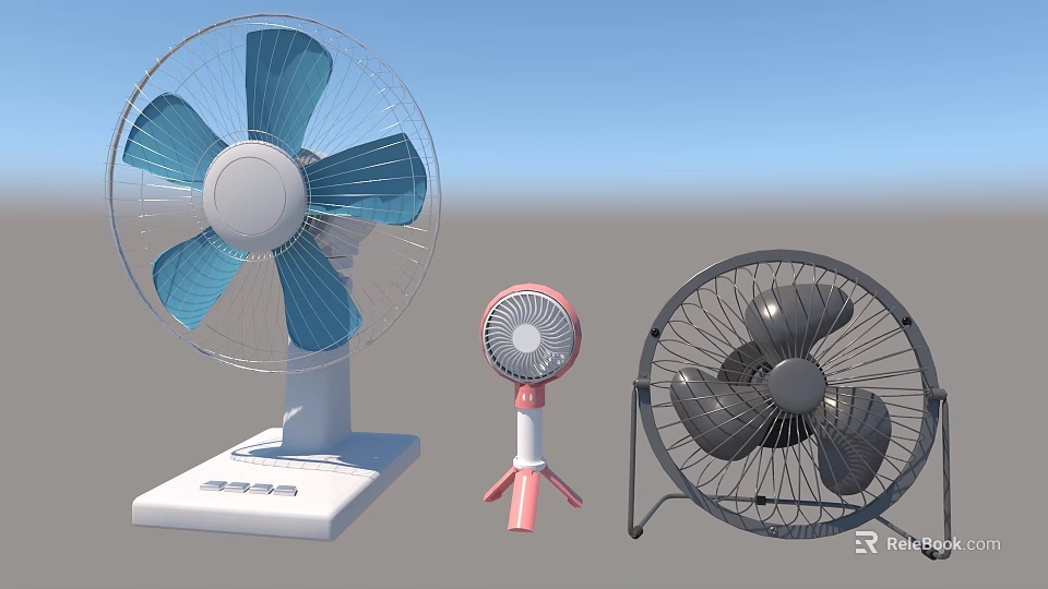 White Desktop Pink Portable and Black Floor Electric Fans with Modern Design 3d model 