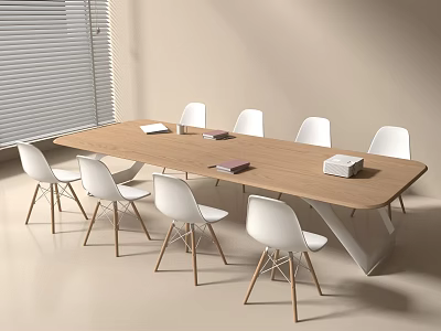 Modern Wooden Conference Table with White Chairs and Books in Minimalist Office Setting 3d model