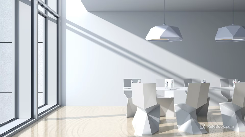 Modern Conference Room With Large Windows White Walls Conference Table Geometric Chairs And Pendant Light 3d model 