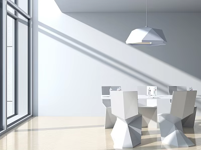 Modern Conference Room With Large Windows White Walls Conference Table Geometric Chairs And Pendant Light 3d model