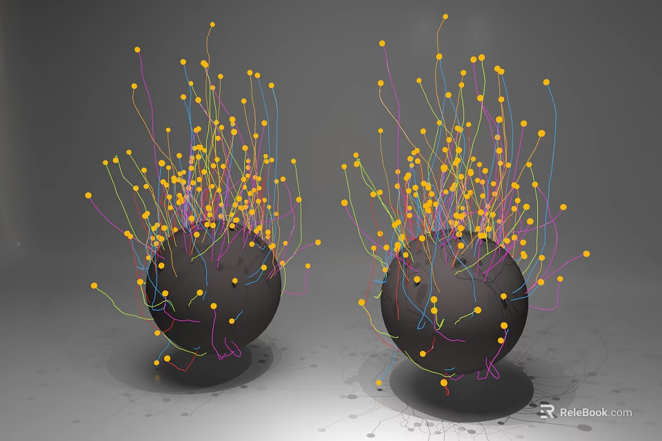 Abstract Art Installation Featuring Two Black Spheres Colorful Lines And Yellow Dots 3d model 