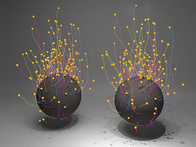 Abstract Art Installation Featuring Two Black Spheres Colorful Lines And Yellow Dots 3d model