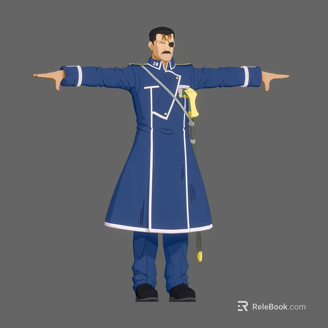 Man In Blue Long Coat With White Trim Arms Outstretched And Sword 3d model 