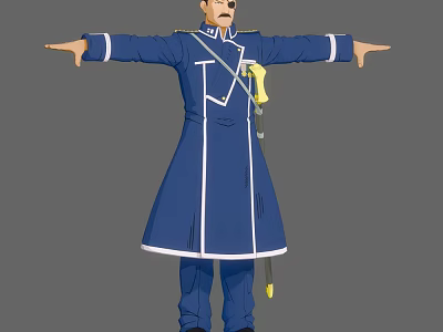 Man In Blue Long Coat With White Trim Arms Outstretched And Sword 3d model
