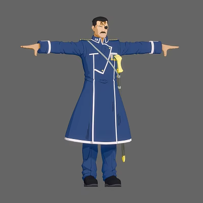 Man In Blue Long Coat With White Trim Arms Outstretched And Sword 3d model