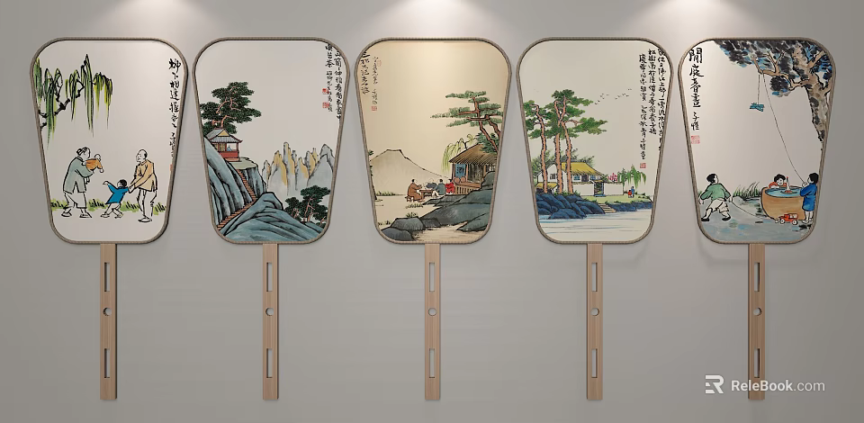 Chinese Traditional Fan Wall Hangings With Landscape Painting Pine Trees And Calligraphy 3d model 
