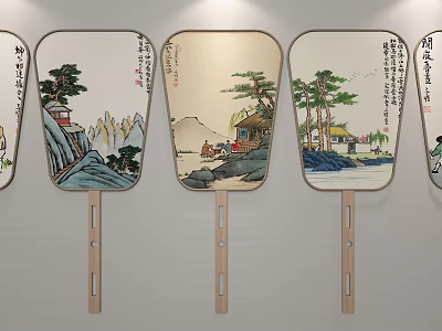 Chinese Traditional Fan Wall Hangings With Landscape Painting Pine Trees And Calligraphy 3d model