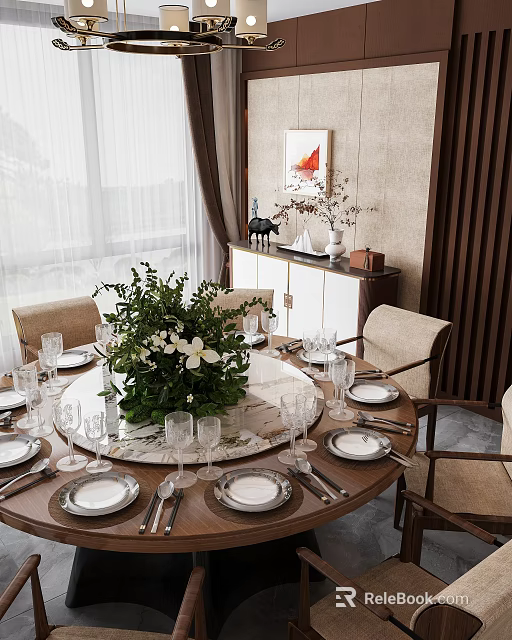 Elegant Private Dining Room With Round Table Tableware And Floral Arrangement 3d model