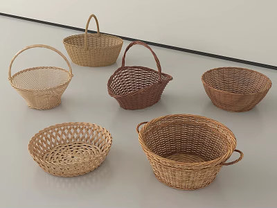 Woven Storage Baskets With Handles In Natural Material For Home Organization 3d model