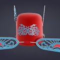 Traditional Red Hat With Blue Wing Shaped Decorations White Accents And Intricate Patterns