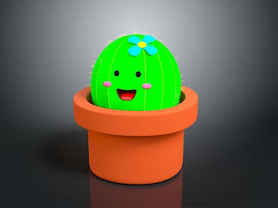 Green Cactus With Smiling Face Blush And Blue Flower In Orange Pot 3d model