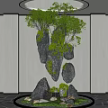Art Installation Featuring Hanging Stones And Green Plants With Circular Ceiling Light On White Wall