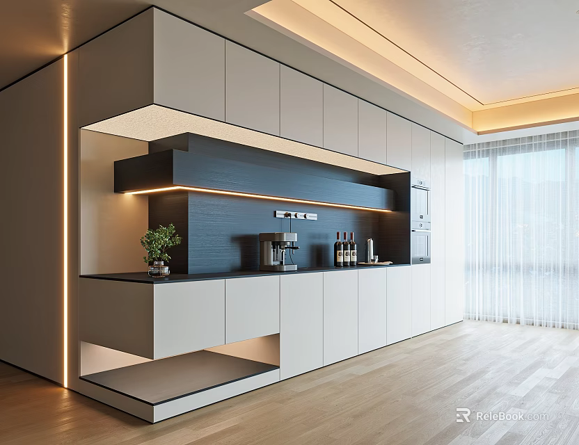 Modern Sideboard Interior Design With White Cabinets Dark Countertop And LED Lighting 3d model