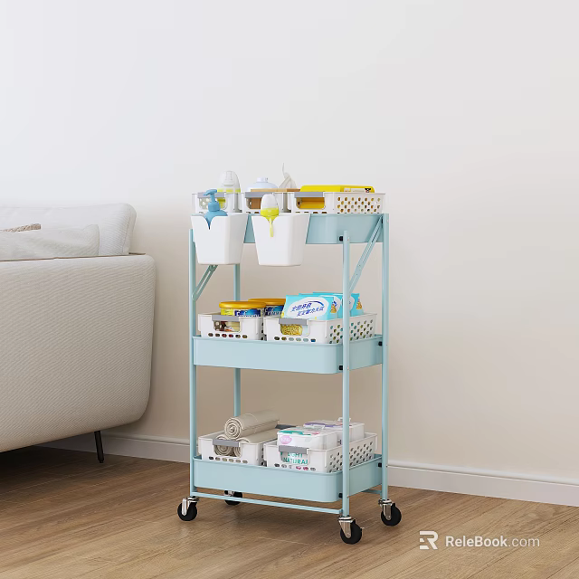 Light Blue Wheeled Multi Tiered Storage Rack with Storage Baskets for Home Living Room Organization 3d model 