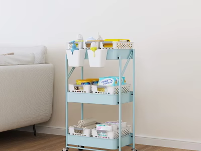 Light Blue Wheeled Multi Tiered Storage Rack with Storage Baskets for Home Living Room Organization 3d model