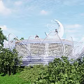 Lotus Shaped Observation Deck With Blue Circular Platform White Mesh Structure Green Trees And Stairs