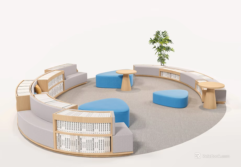 Multi Person Sofa Circular Lounge Area With Curved Design Blue Ottomans Bookshelves And Green Plant 3d model 