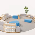 Multi Person Sofa Circular Lounge Area With Curved Design Blue Ottomans Bookshelves And Green Plant
