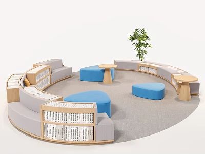 Multi Person Sofa Circular Lounge Area With Curved Design Blue Ottomans Bookshelves And Green Plant 3d model