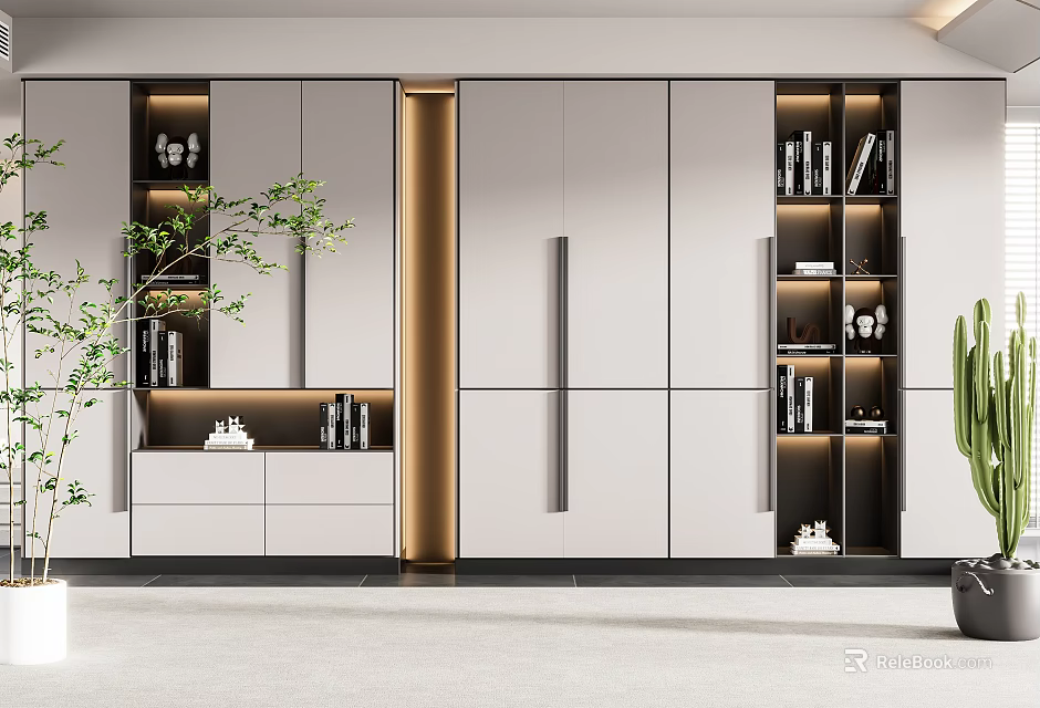 Modern Wardrobe Interior Design With White Cabinets Metal Handles And Side Green Plants 3d model 