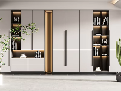 Modern Wardrobe Interior Design With White Cabinets Metal Handles And Side Green Plants 3d model