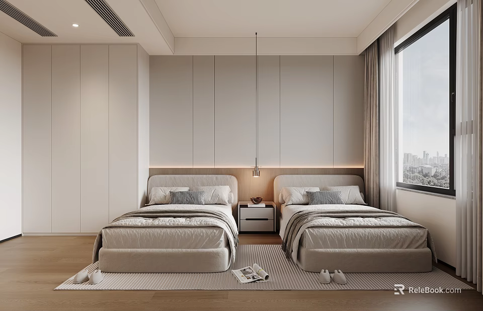 Modern Minimalist Bedroom Interior With Twin Beds Floor-to-ceiling Window Wardrobe And Rug 3d model 