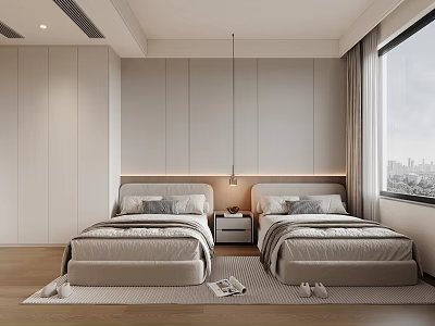 Modern Minimalist Bedroom Interior With Twin Beds Floor-to-ceiling Window Wardrobe And Rug 3d model