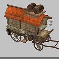 Rustic Vintage Wooden Cart With Red Roof And Two Wooden Barrels On Top
